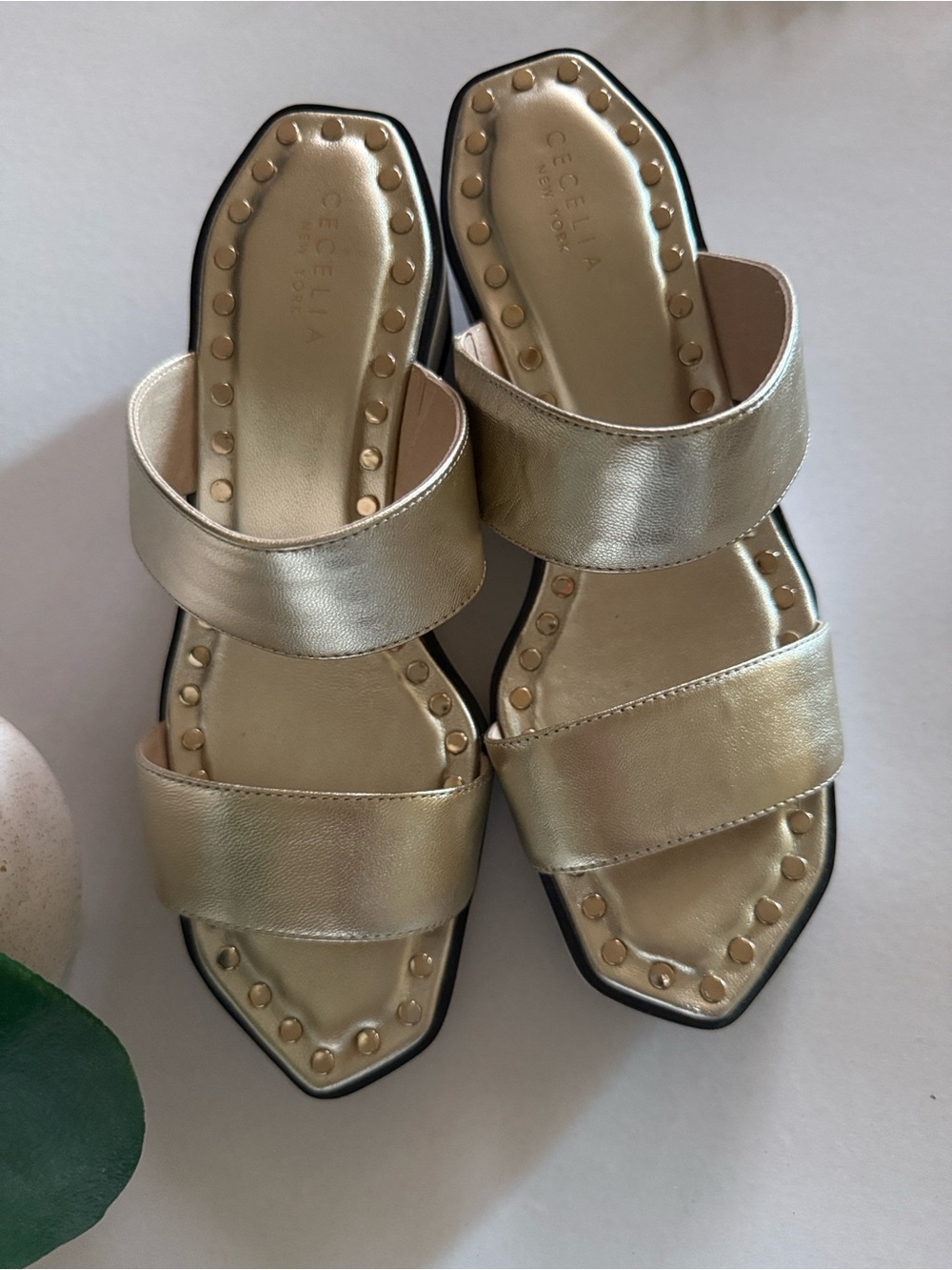 CECELIA NEW YORK Metallic Gold Double-Strap Stud Slide Mules